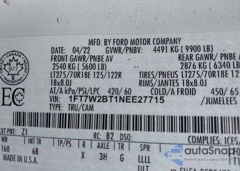 2022 Ford F-250 Lariat z USA, uszkodzony, nr VIN 1FT7W2BT1NEE27715